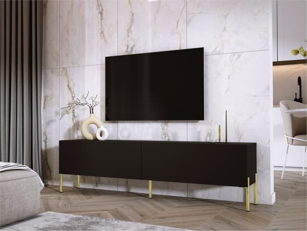 TV -skab i sort matt/sort blankt med ben i guld, A: B: 170 cm, H: 52 cm, T: 32 cm