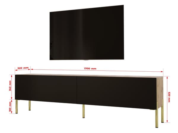TV -skåp i Wotan Oak/Black Matt med benen i guld, A: B: 170 cm, H: 52 cm, T: 32 cm