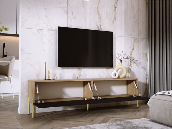 TV -skåp i Wotan Oak/Black Matt med benen i guld, A: B: 170 cm, H: 52 cm, T: 32 cm