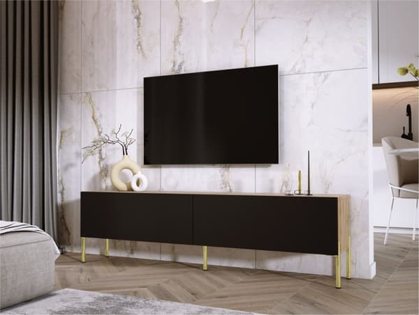 TV -skåp i Wotan Oak/Black Matt med benen i guld, A: B: 170 cm, H: 52 cm, T: 32 cm