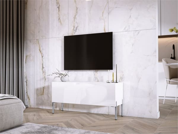 TV -kabinet i hvidt matt/hvid blankt med ben i krom, A: B: 100 cm, H: 52 cm, T: 32 cm