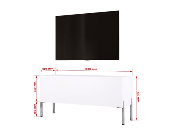 TV -skab i hvidt Matt med ben i Chrome, A: B: 100 cm, H: 52 cm, T: 32 cm