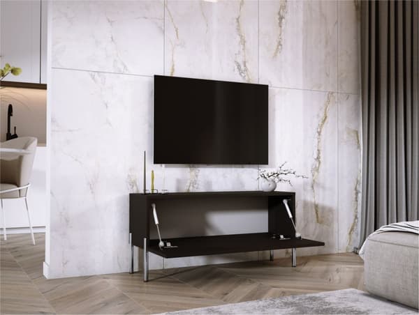 TV -skab i sort matt/sort blankt med ben i krom, A: B: 100 cm, H: 52 cm, T: 32 cm