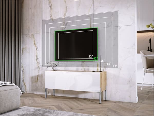 TV -kaappi Wotan -tammi/valkoinen korkea kiilto jaloilla kromissa, A: B: 100 cm, H: 52 cm, T: 32 cm