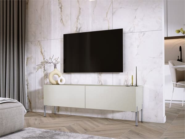 TV -kabinet i cashmere med ben i krom, A: B: 140 cm, H: 52 cm, T: 32 cm