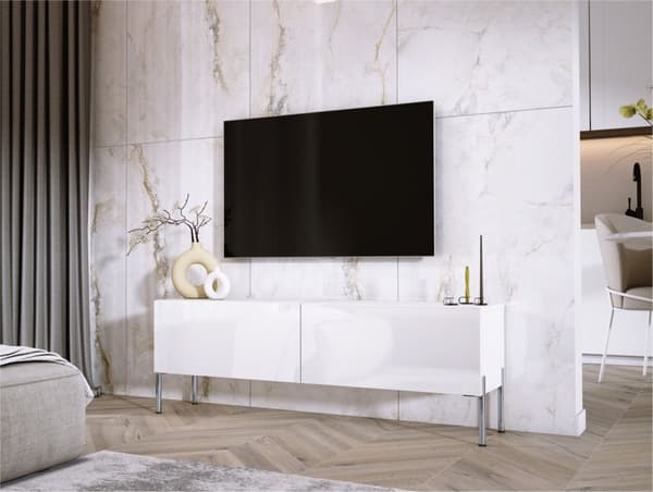TV -kaapin valkoinen matta/valkoinen kiiltävä jalat kromissa, A: B: 140 cm, H: 52 cm, T: 32 cm
