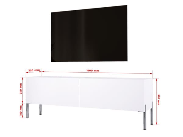 TV -skåp i vitt matt med ben i Chrome, A: B: 140 cm, H: 52 cm, T: 32 cm
