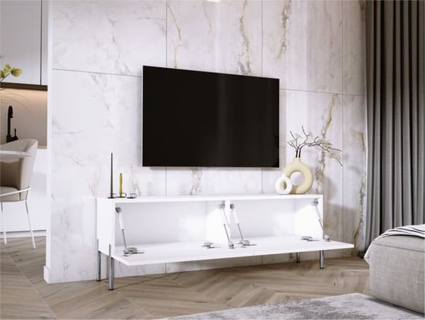 TV -skåp i vitt matt med ben i Chrome, A: B: 140 cm, H: 52 cm, T: 32 cm