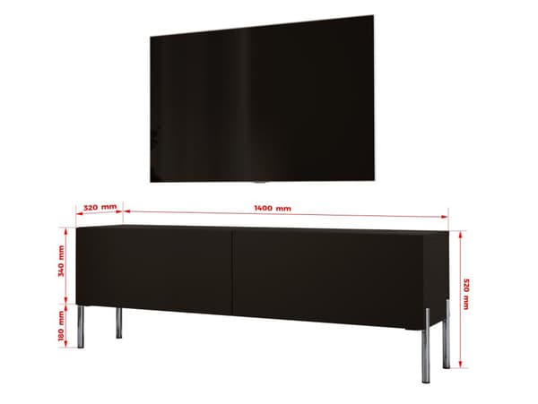 TV -skåp i svart matt/svart glansig med ben i krom, A: B: 140 cm, h: 52 cm, t: 32 cm