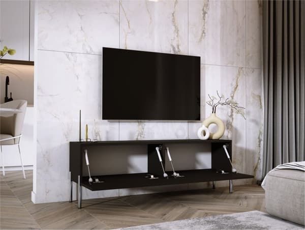 TV -skåp i svart matt/svart glansig med ben i krom, A: B: 140 cm, h: 52 cm, t: 32 cm