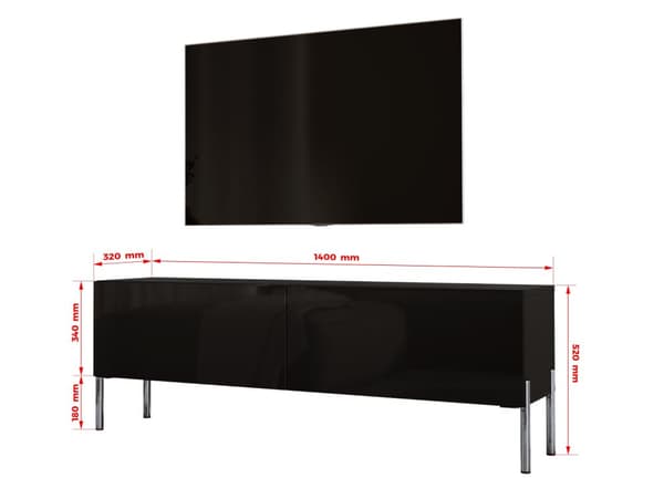 TV -skåp i svart matt med ben i Chrome, A: B: 140 cm, h: 52 cm, t: 32 cm