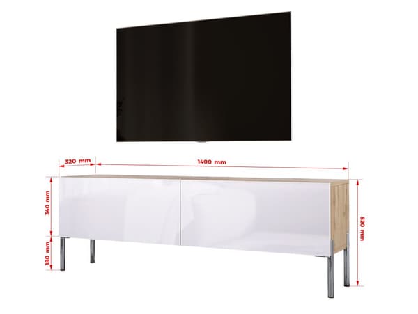 TV -kaappi Wotan -tammi/valkoinen korkea kiiltävä jalat kromissa, A: B: 140 cm, H: 52 cm, T: 32 cm