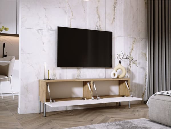 TV -kaappi Wotan -tammi/valkoinen korkea kiiltävä jalat kromissa, A: B: 140 cm, H: 52 cm, T: 32 cm
