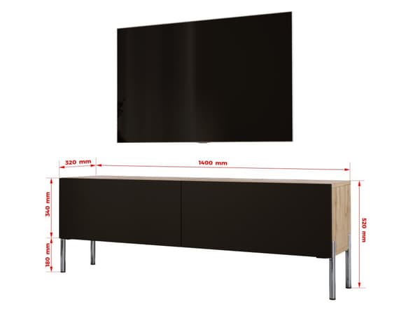 TV -skab i Wotan Oak/Black Matt med ben i Chrome, A: B: 140 cm, H: 52 cm, T: 32 cm