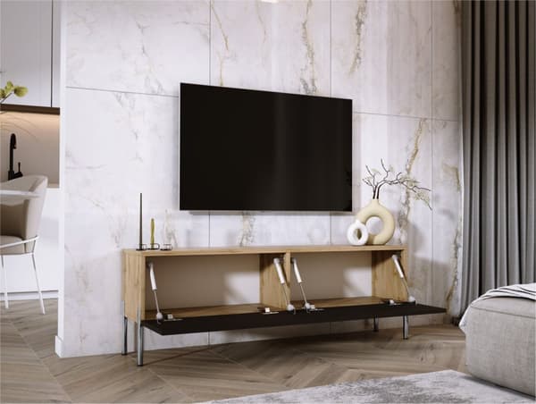 TV -skab i Wotan Oak/Black Matt med ben i Chrome, A: B: 140 cm, H: 52 cm, T: 32 cm