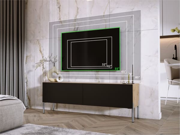TV -skab i Wotan Oak/Black Matt med ben i Chrome, A: B: 140 cm, H: 52 cm, T: 32 cm