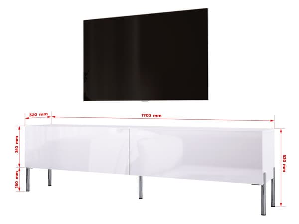 TV -skåp i vitt matt/vit glansig med ben i krom, A: B: 170 cm, h: 52 cm, t: 32 cm