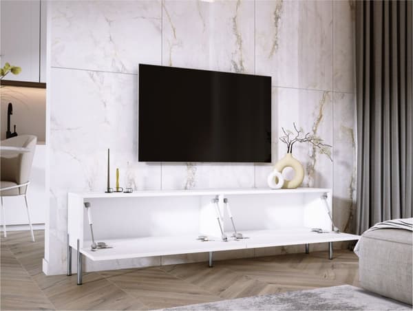 TV -skåp i vitt matt/vit glansig med ben i krom, A: B: 170 cm, h: 52 cm, t: 32 cm