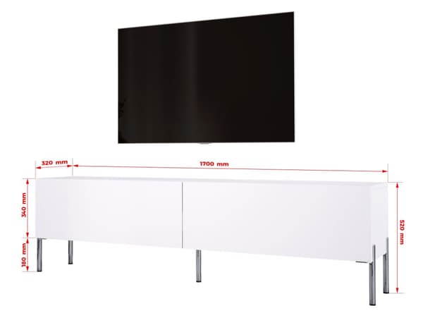 TV -skab i hvidt Matt med ben i Chrome, A: B: 170 cm, H: 52 cm, T: 32 cm