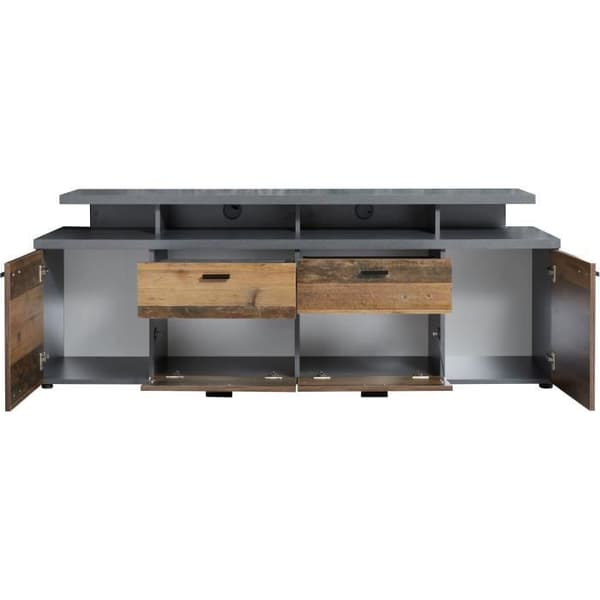 MOOD TV-skåp 2 dörrar och 2 lådor - Åldrat trä och mattgrå melamin - L 180 x 47 x 66 cm