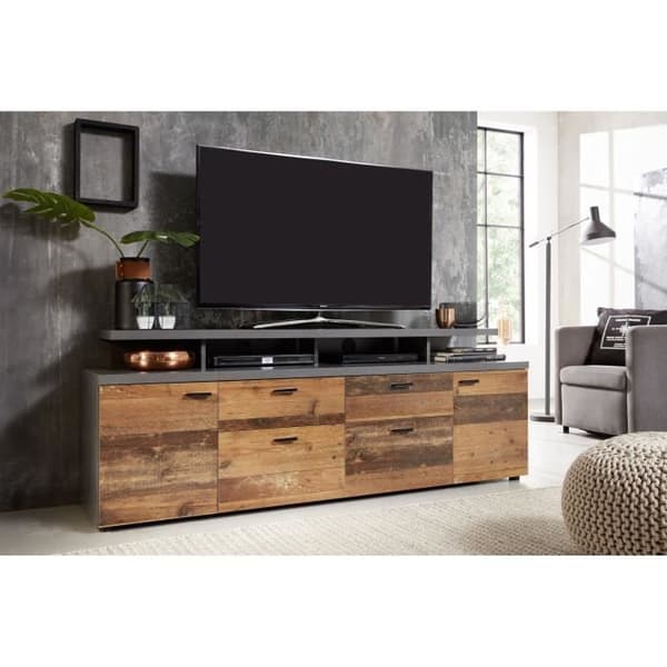 MOOD TV-skåp 2 dörrar och 2 lådor - Åldrat trä och mattgrå melamin - L 180 x 47 x 66 cm