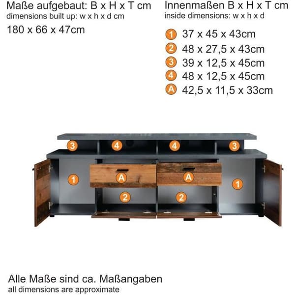 MOOD TV-skåp 2 dörrar och 2 lådor - Åldrat trä och mattgrå melamin - L 180 x 47 x 66 cm