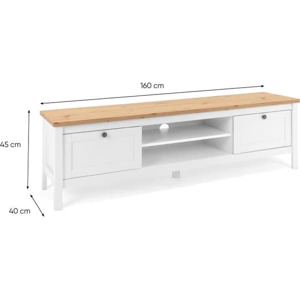 2-lådors TV-enhet - Hantverkare ek och vit dekor - L 160 x D 45 x H 40 cm - BERGEN