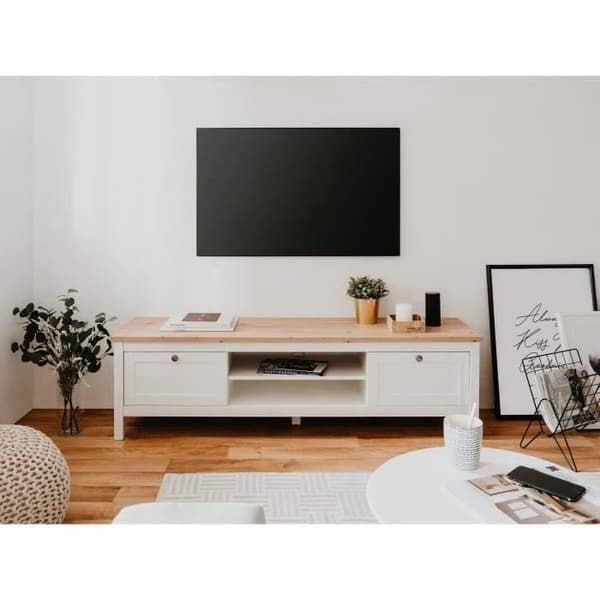 2-lådors TV-enhet - Hantverkare ek och vit dekor - L 160 x D 45 x H 40 cm - BERGEN