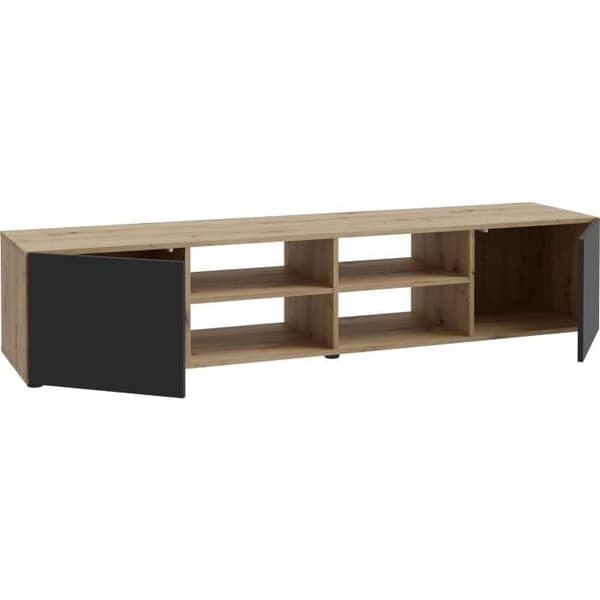 PILVI TV-skåp - Modern stil - Ek och svart dekor - 2 dörrar + 4 nischer - L 180 x D 42 x H 37 cm