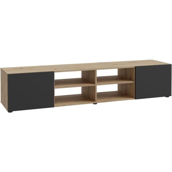 PILVI TV-skåp - Modern stil - Ek och svart dekor - 2 dörrar + 4 nischer - L 180 x D 42 x H 37 cm