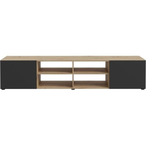 PILVI TV-skåp - Modern stil - Ek och svart dekor - 2 dörrar + 4 nischer - L 180 x D 42 x H 37 cm