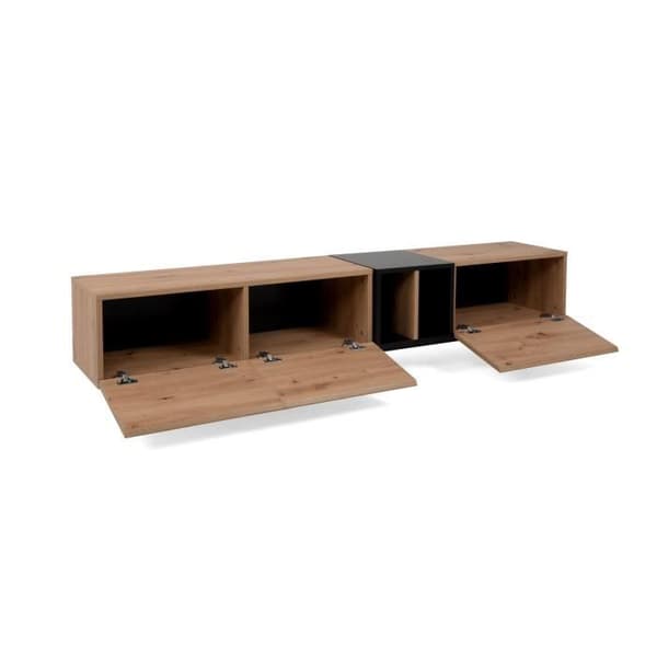 TV-skåp med 3 klaffar - Ek och svart dekor - L 195 x D 37 x H 48 cm - NOLA