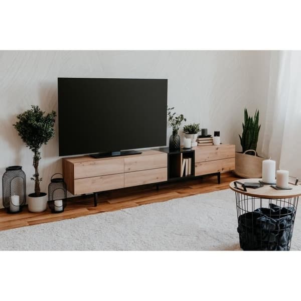 TV-skåp med 3 klaffar - Ek och svart dekor - L 195 x D 37 x H 48 cm - NOLA