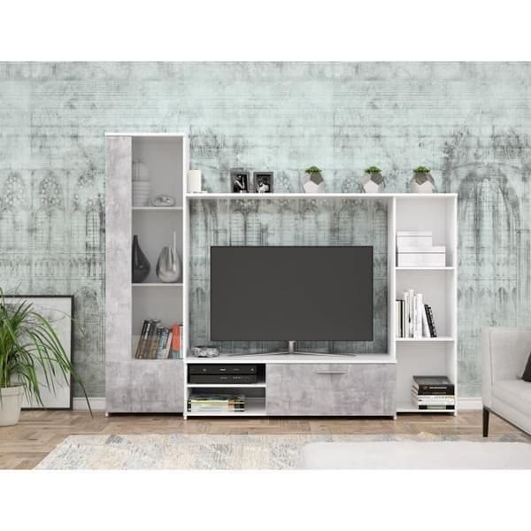 Vägghängd TV-enhet - Matt vit och ljus betong - glasdörr + 5 nischer - Samtida - L 220,4 x D41,3 x H177,5 cm - PILVI