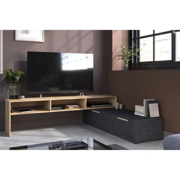 RAW TV-skåp - Ek och Steam Black dekor - 1 flik + 1 låda - 4 moduler att välja mellan - L250 x H 50 x D 46,6 cm