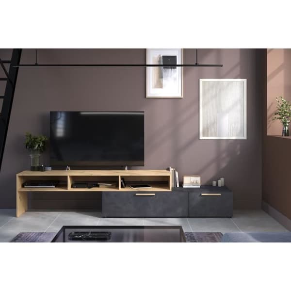 RAW TV-skåp - Ek och Steam Black dekor - 1 flik + 1 låda - 4 moduler att välja mellan - L250 x H 50 x D 46,6 cm