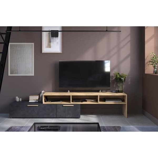 RAW TV-skåp - Ek och Steam Black dekor - 1 flik + 1 låda - 4 moduler att välja mellan - L250 x H 50 x D 46,6 cm