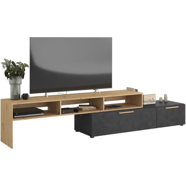 RAW TV-skåp - Ek och Steam Black dekor - 1 flik + 1 låda - 4 moduler att välja mellan - L250 x H 50 x D 46,6 cm