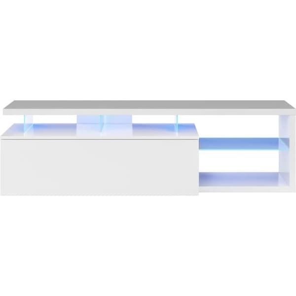 BLUE-TECH vändbar TV-enhet - Vitlackerad melamin - 1 nedfällbar dörr - LED - Blank vit - L150 x D41 x H43 cm
