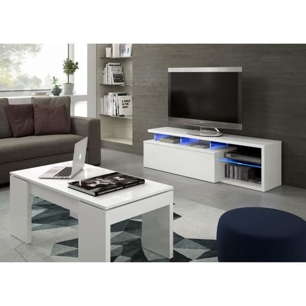 BLUE-TECH vändbar TV-enhet - Vitlackerad melamin - 1 nedfällbar dörr - LED - Blank vit - L150 x D41 x H43 cm