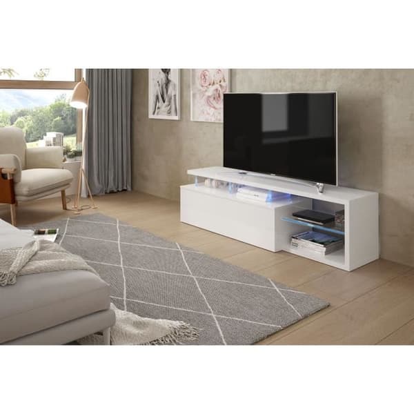 BLUE-TECH vändbar TV-enhet - Vitlackerad melamin - 1 nedfällbar dörr - LED - Blank vit - L150 x D41 x H43 cm