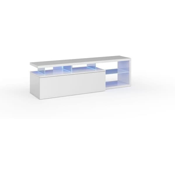 BLUE-TECH vändbar TV-enhet - Vitlackerad melamin - 1 nedfällbar dörr - LED - Blank vit - L150 x D41 x H43 cm