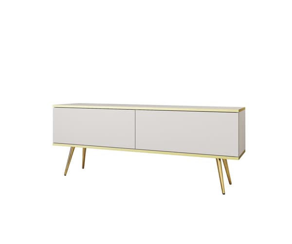 Valkoinen TV-kaappi, kultaiset jalat, S: L: 135 cm, K: 30 cm, S: 32 cm. Olohuoneen kalusteet, tv-taso, tv-pöytä