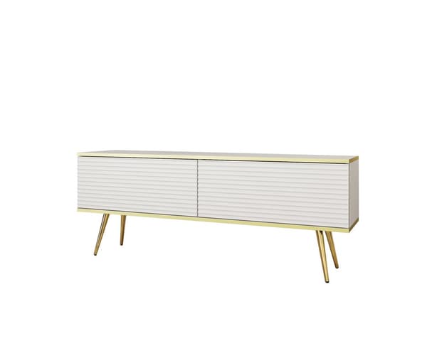 Tv-skåp Med Lameller I Vit Färg Med Guld Ben, D: L: 135 Cm, ​​H: Cm, D: 32 Cm. Vardagsrumsmöbler, tv-bänk, tv-bord