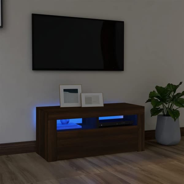 vidaXL tv-bord med LED-lys 90x35x40 cm brun egetræsfarve -  TV-møbler