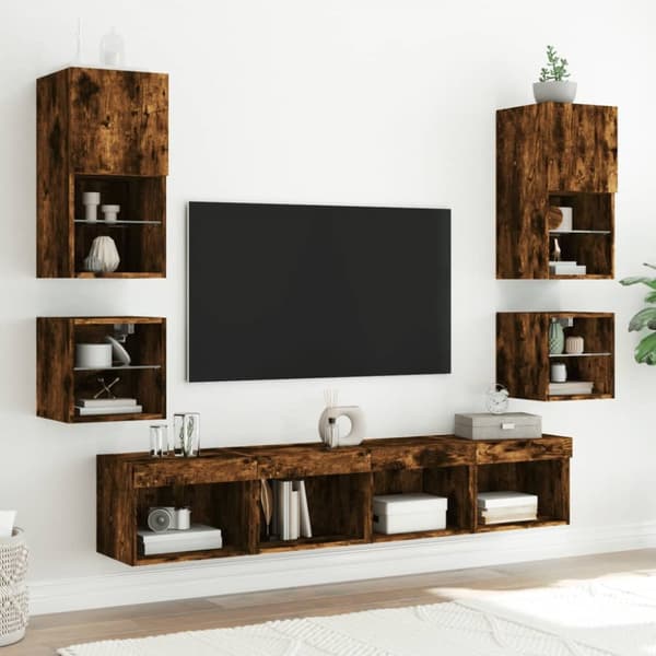 vidaXL Väggmonterad tv-bänk LED 2 st rökfärgad ek 30x28,5x30 cm -  TV-bänkar