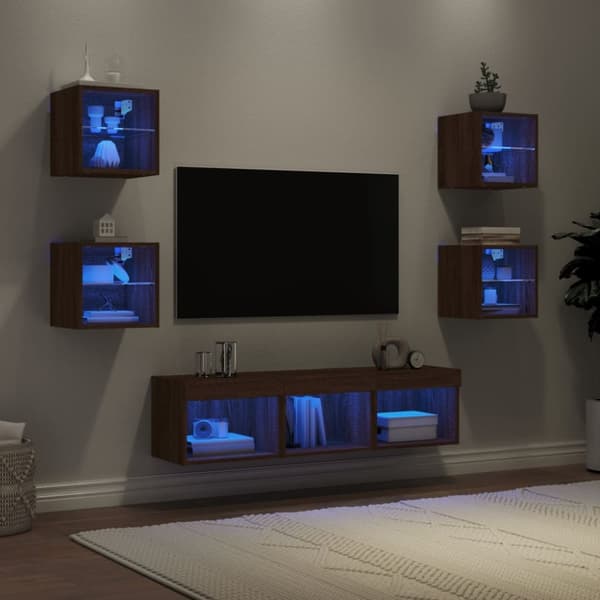 vidaXL tv-møbel til væg 7 dele med LED-lys konstrueret træ brunt eg -  TV-møbler