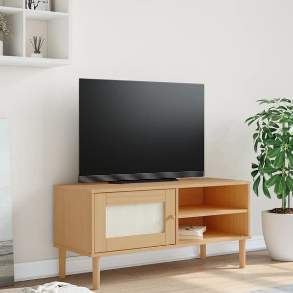 vidaXL tv-bord SENJA 106x40x49 cm rattan-look massivt fyrretræ brun -  TV-møbler
