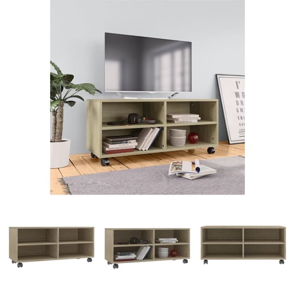 The Living Store Tv-bänk med hjul sonoma ek 90x35x35 cm konstruerat trä - TV-bänkar