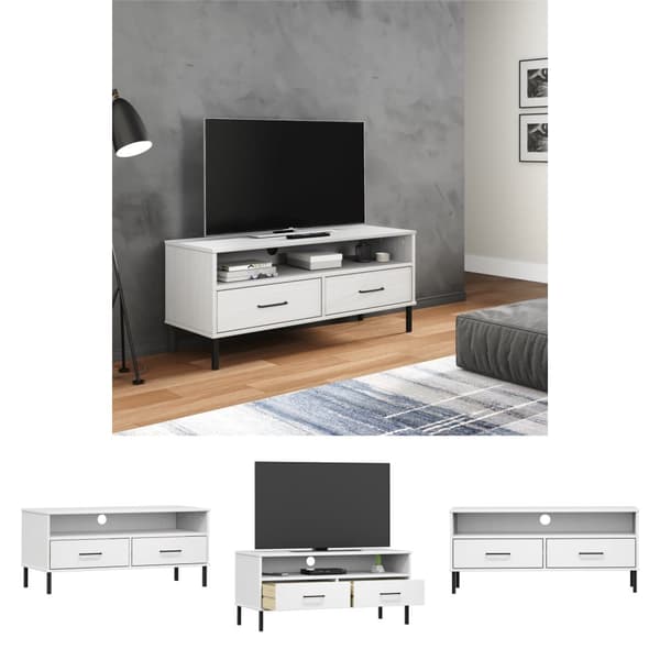 The Living Store Tv-bänk med metallben OSLO vit massiv furu - TV-bänkar